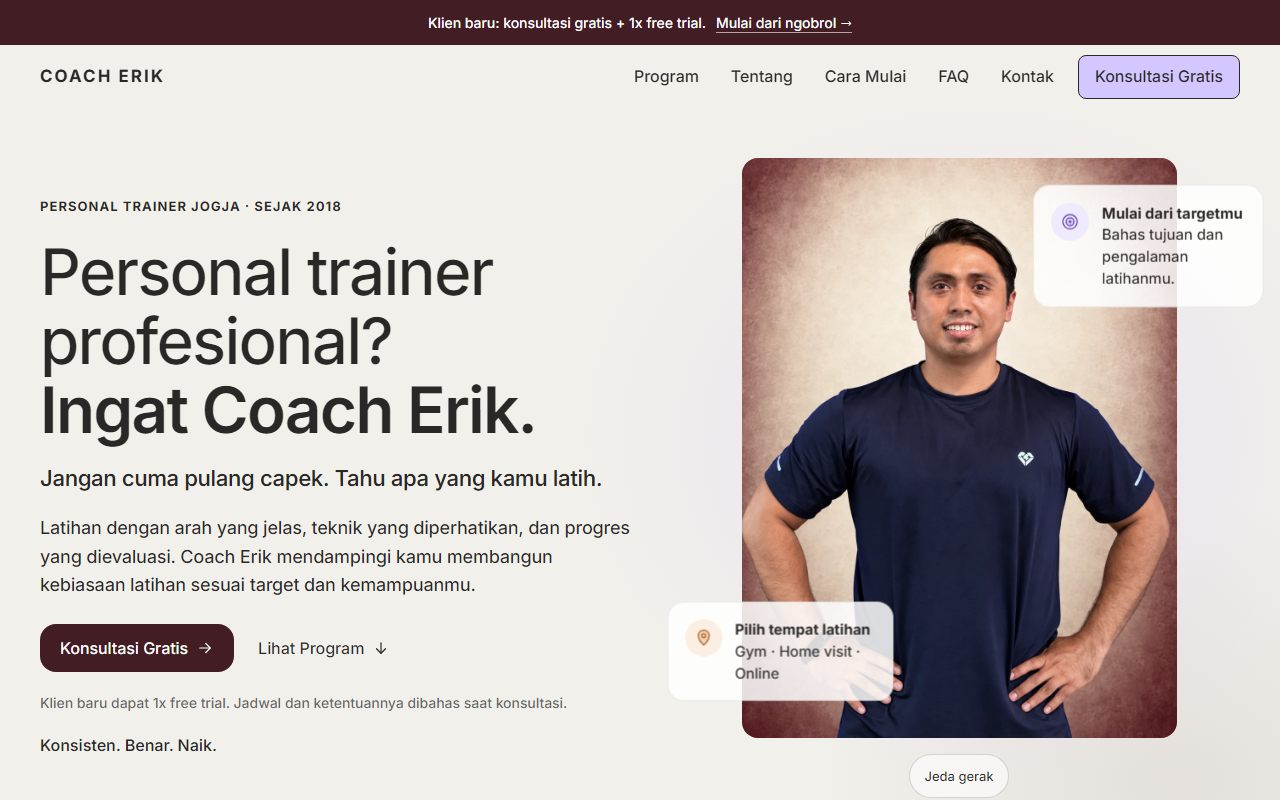 Halaman utama website Coach Erik di desktop: judul Personal trainer profesional? Ingat Coach Erik. dengan foto Erik.