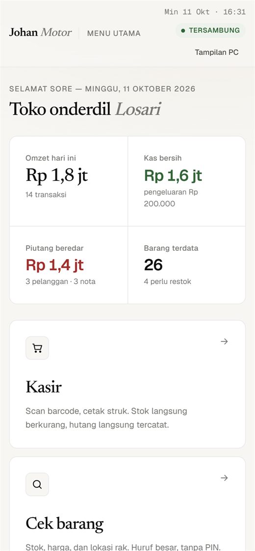 Dashboard sistem Johan Motor di ponsel dengan data contoh: omzet, kas bersih, piutang, dan jumlah barang.