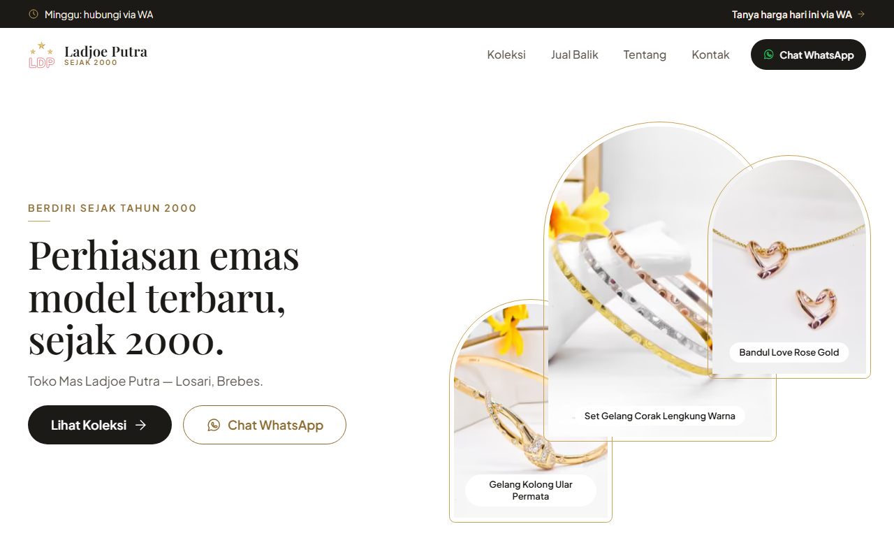 Halaman utama Toko Mas Ladjoe Putra di desktop: judul Perhiasan emas model terbaru, sejak 2000. dengan foto gelang dan bandul.