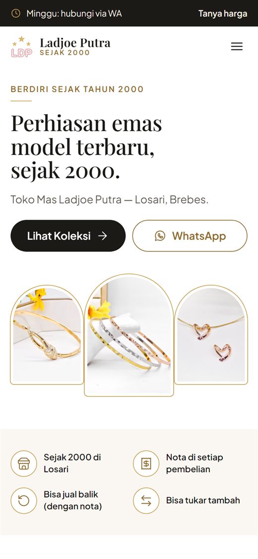 Halaman utama Toko Mas Ladjoe Putra di ponsel.